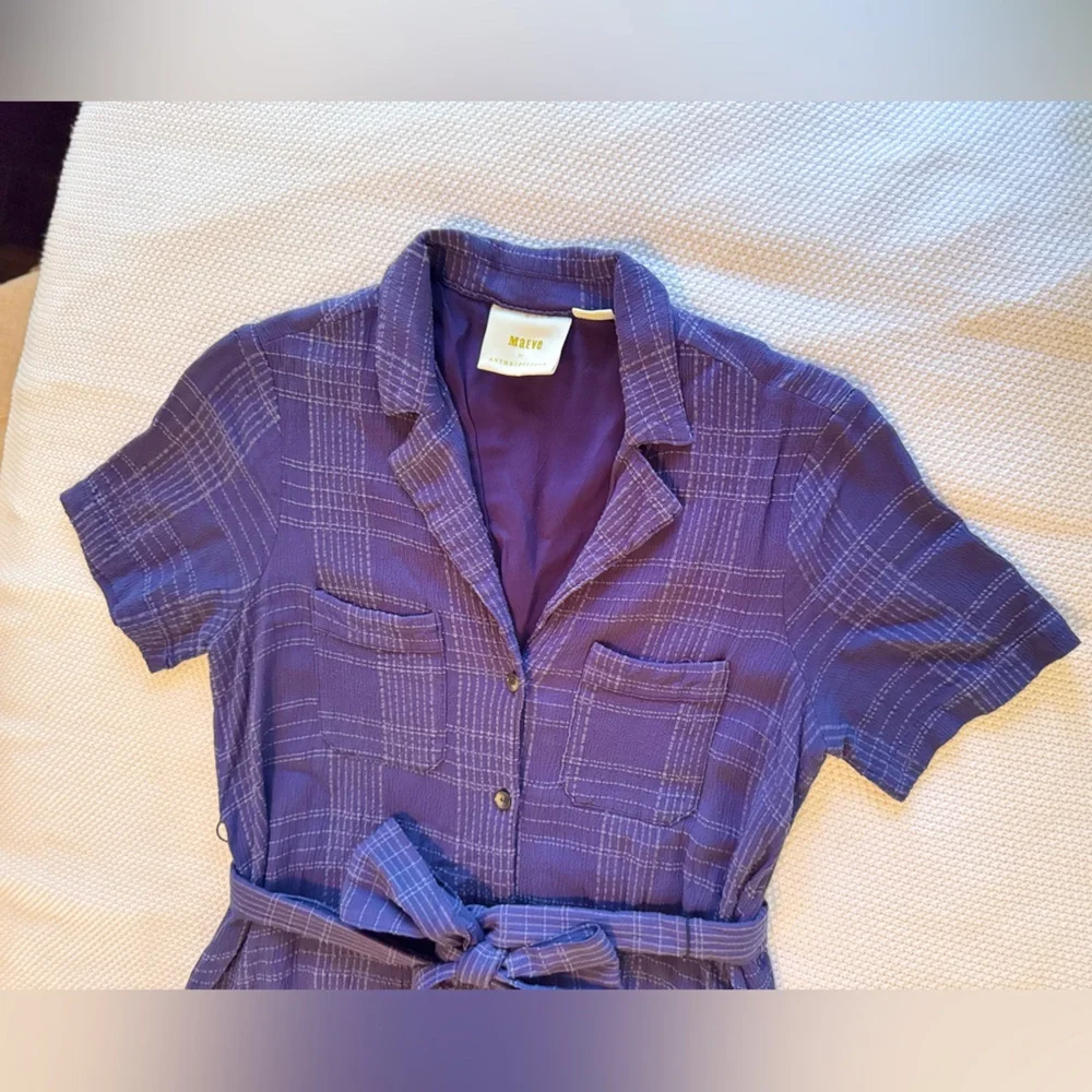 MAEVE Anthropologie Aria Textured Linen Navy Blue Shirtdress Midi Shirt Dress